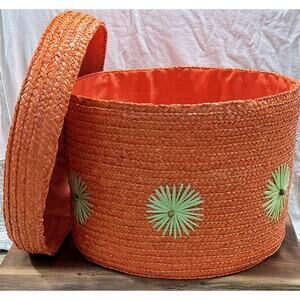 1960's Mid-Century Mod Orange Woven Wig Hat Box Embroidered Retro Travel Case